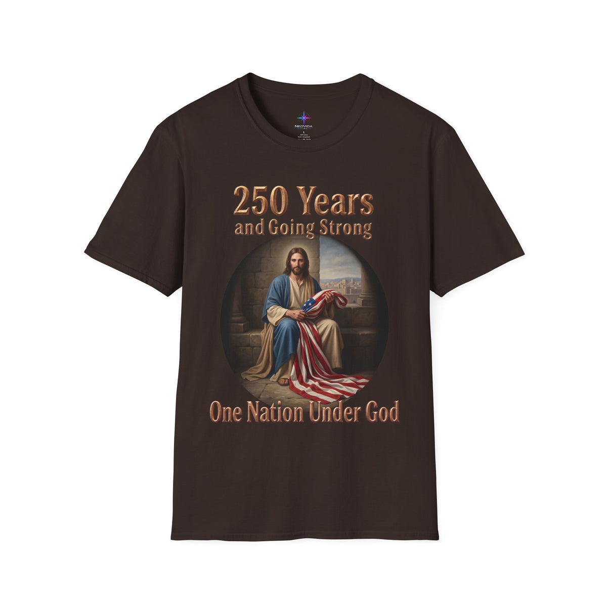 Dark brown t-shirt with graphic artwork featuring a classical-style painting of Jesus Christ sitting on stone steps, holding and draping a large American flag. The circular portrait is set against a solid background, with the metallic gold text "250 Years and Going Strong" printed across the top, and the phrase "One Nation Under God" written in a matching bold gold font along the bottom.