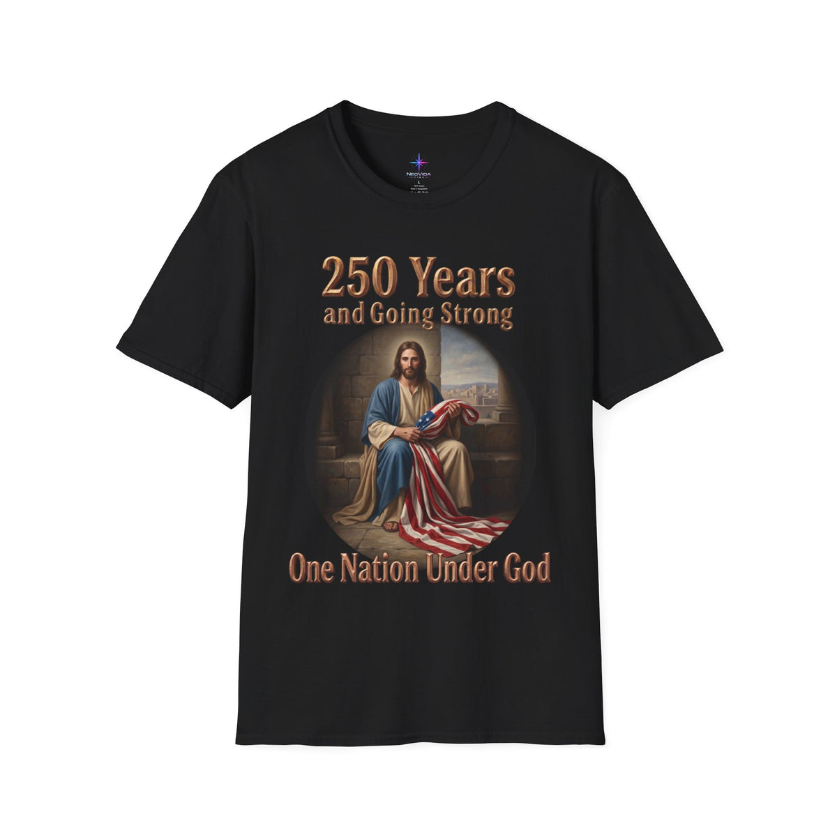 Black t-shirt with graphic artwork featuring a classical-style painting of Jesus Christ sitting on stone steps, holding and draping a large American flag. The circular portrait is set against a solid background, with the metallic gold text "250 Years and Going Strong" printed across the top, and the phrase "One Nation Under God" written in a matching bold gold font along the bottom.